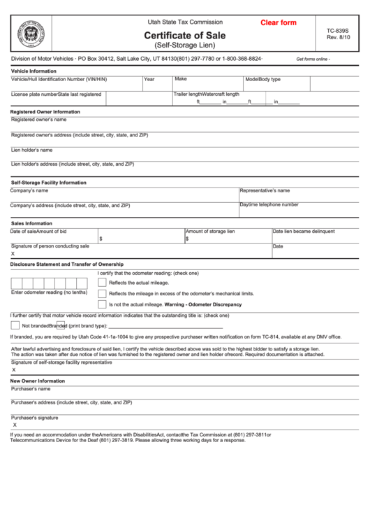 Fillable Form Tc-839s - Certificate Of Sale (Self-Storage Lien) Printable pdf