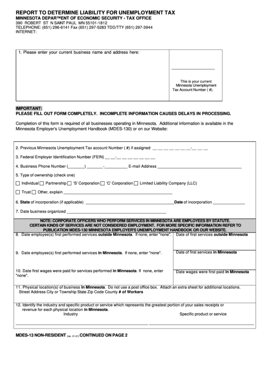 Form Mdes-13 - Report To Determine Liability For Unemployment Tax - Non-Resident - 2001 Printable pdf