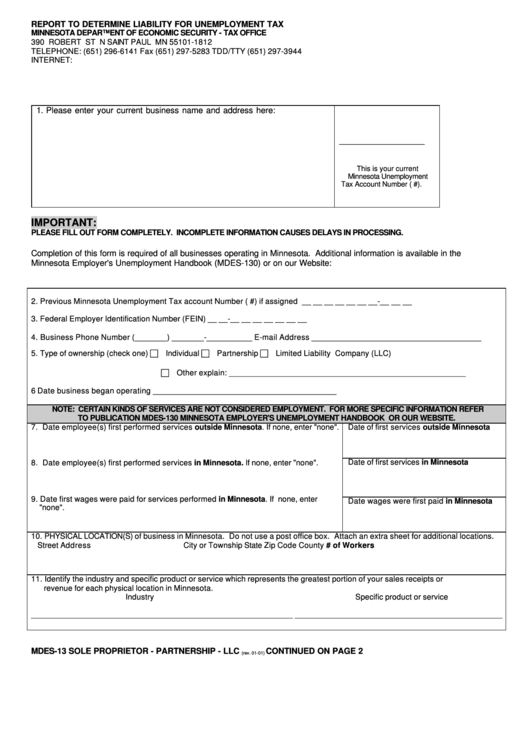 Form Mdes-13 - Report To Determine Liability For Unemployment Tax - Sole Proprietor - Partnership - Llc - 2001 Printable pdf