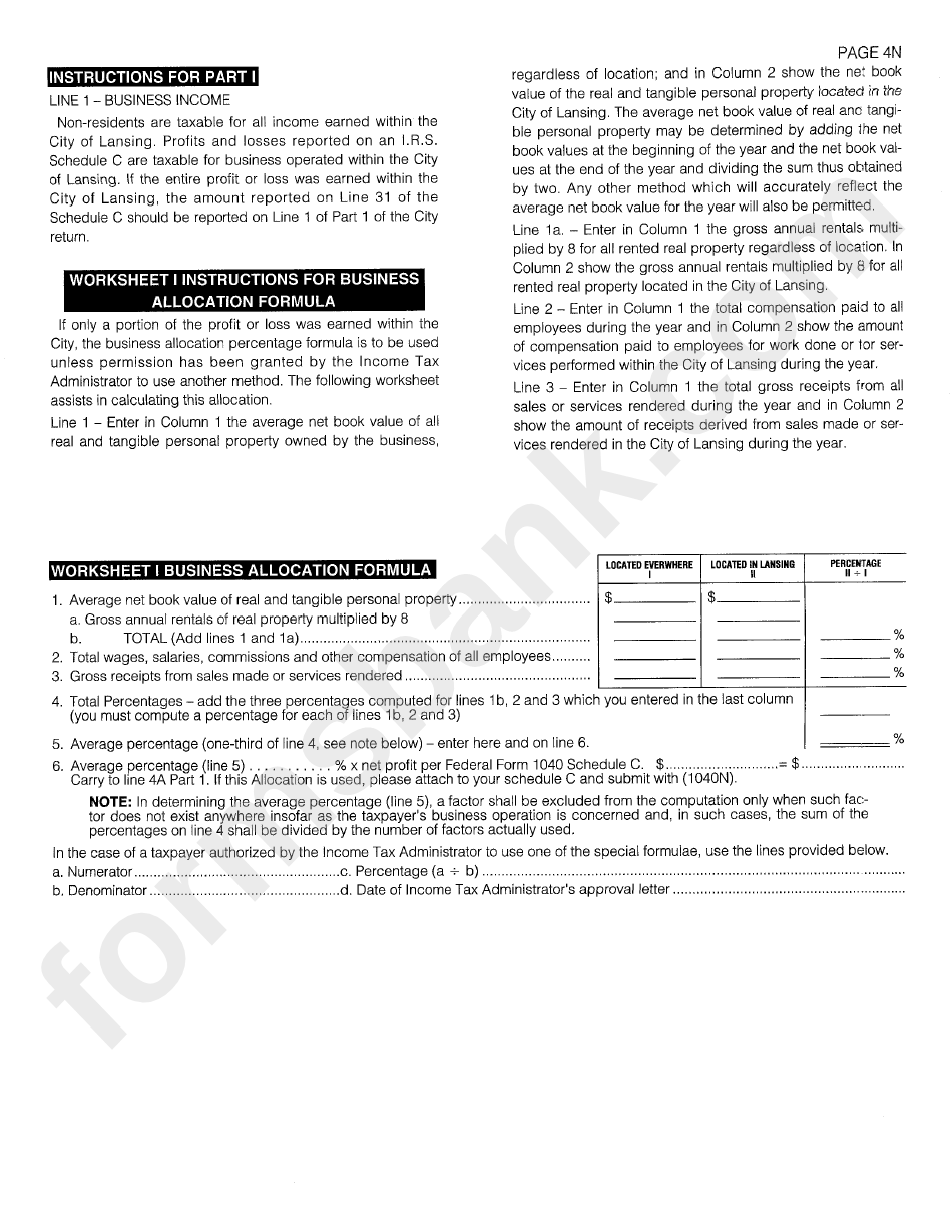 Instructions For Preparing Tax Return - City Of Lansing