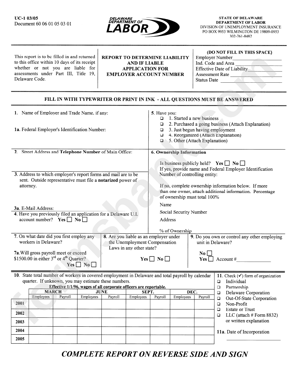 Form Uc-1 - Report To Determine Liability And If Liable Application For Employer Account Number