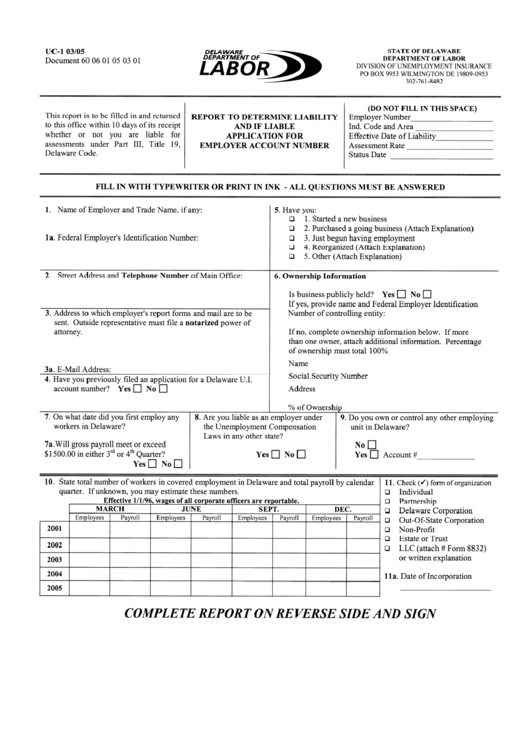 Form Uc-1 - Report To Determine Liability And If Liable Application For Employer Account Number Printable pdf