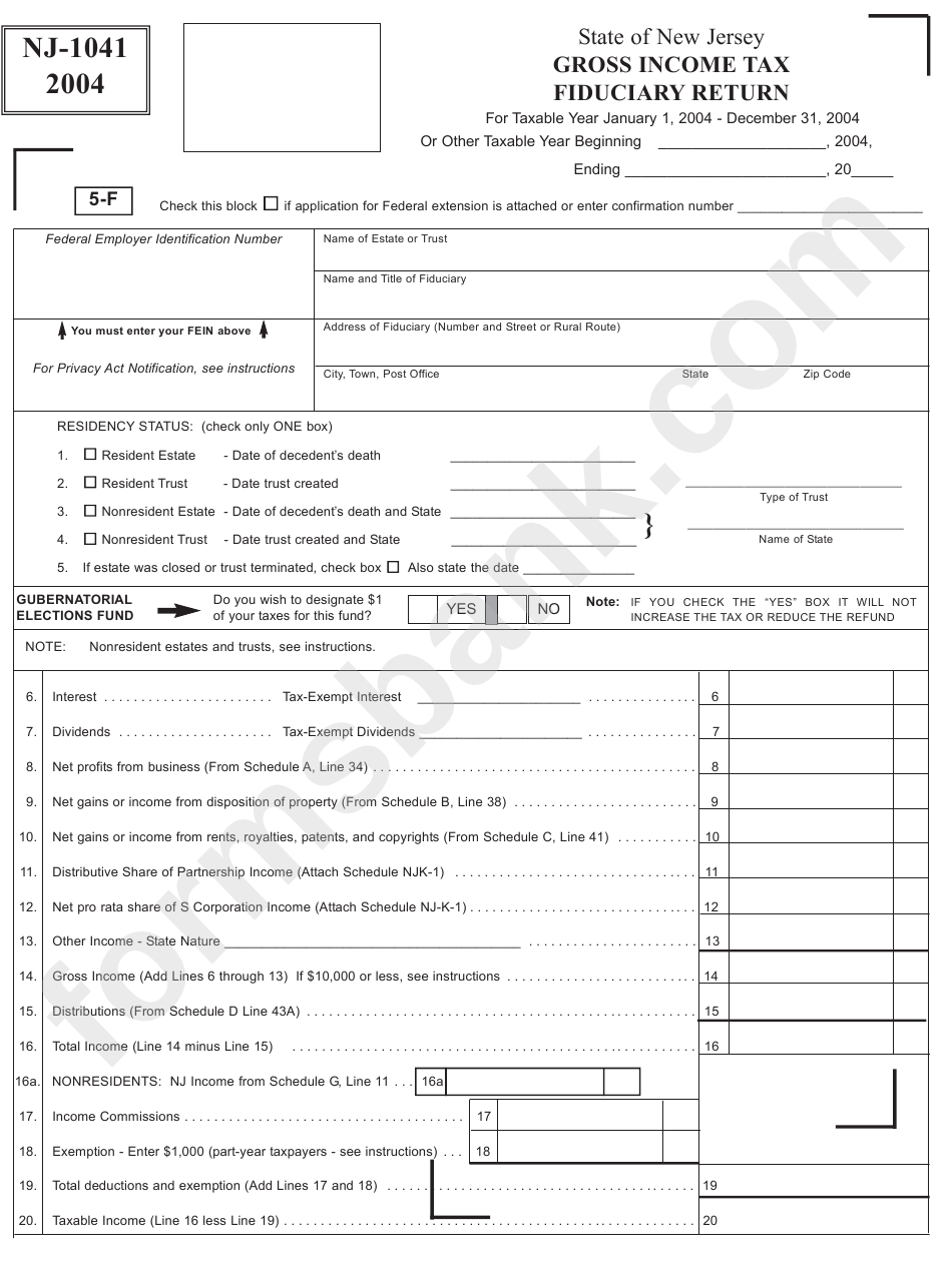 Form Nj-1041 - Gross Income Tax Fiduciary Return - 2004