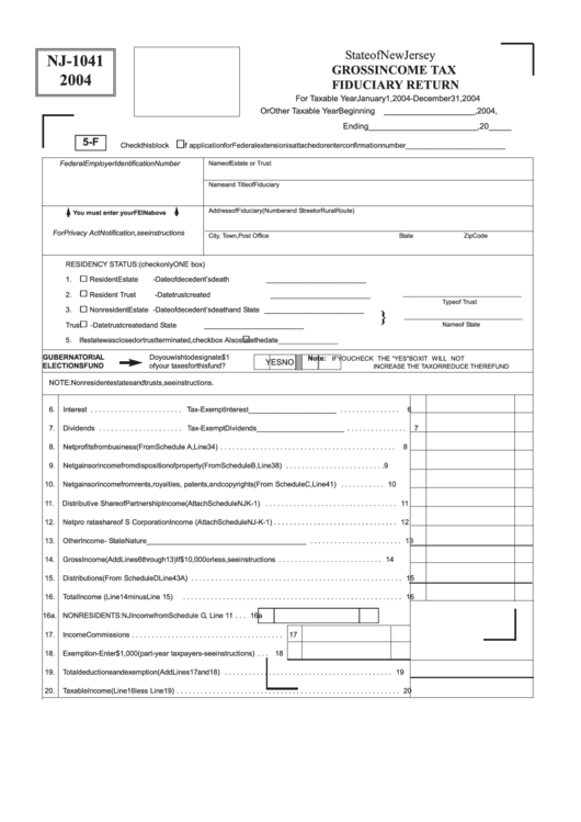Form Nj-1041 - Gross Income Tax Fiduciary Return - 2004 Printable pdf