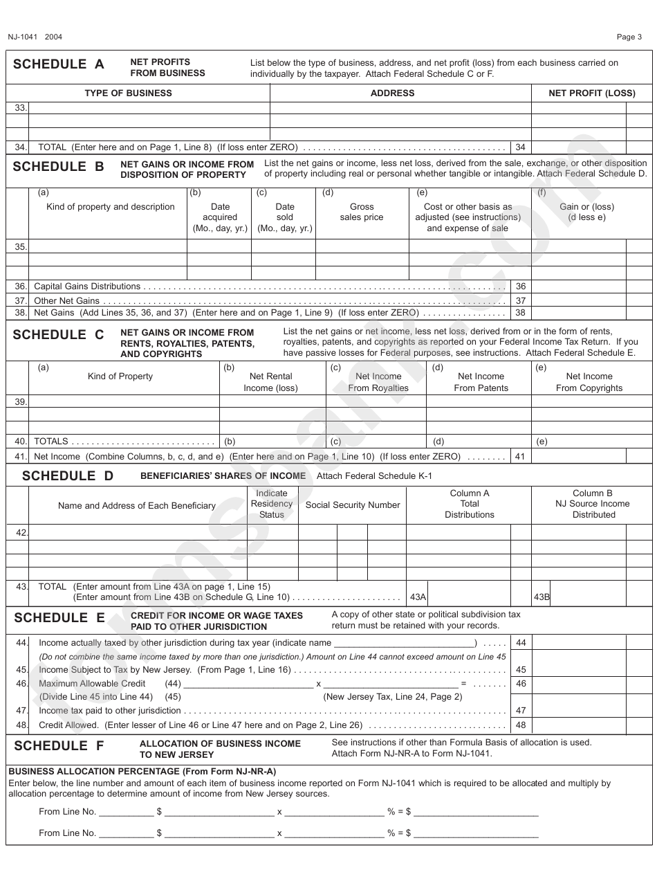 Form Nj-1041 - Gross Income Tax Fiduciary Return - 2004