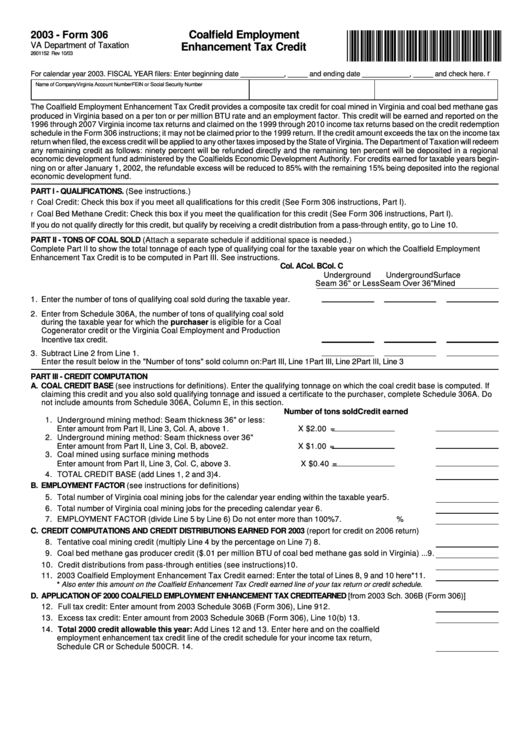 Form 306 - Coalfield Employment Enhancement Tax Credit - 2003 Printable pdf
