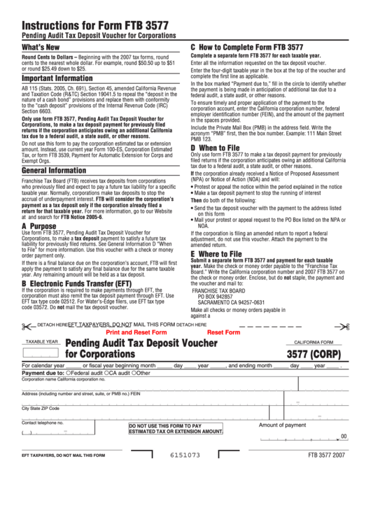 Fillable California Form 3577 (Corp) - Pending Audit Tax Deposit Voucher For Corporations - 2007 Printable pdf