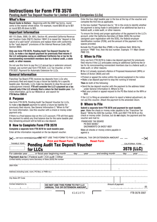 Fillable California Form 3578 - Pending Audit Tax Deposit Voucher For Limited Liability Companies (Llcs) - 2007 Printable pdf
