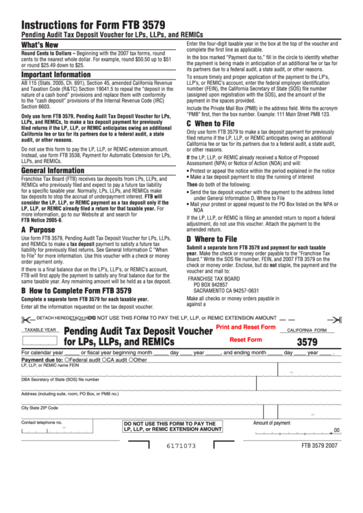 Fillable Form 3579 - Pending Audit Tax Deposit Voucher For Lps, Llps, And Remics - 2007 Printable pdf