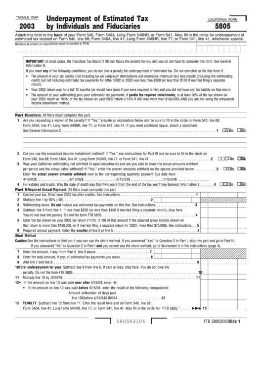 California Form 5805 - Underpayment Of Estimated Tax By Individuals And Fiduciaries - 2003 Printable pdf
