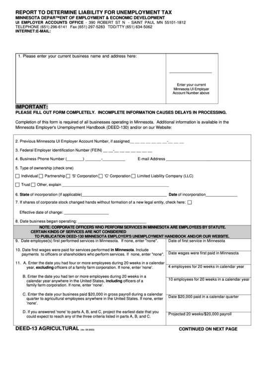 Form Deed-13 - Report To Determine Liability For Unemployment Tax - Agricultural - 2003 Printable pdf