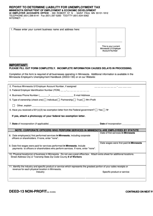 Form Deed-13 - Report To Determine Liability For Unemployment Tax - Non-Profit - 2003 Printable pdf