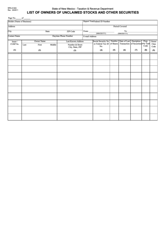 Form Rpd-41203 - List Of Owners Of Unclaimed Stocks And Other Securities Printable pdf