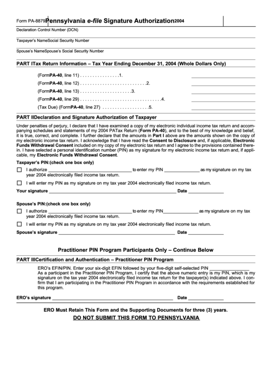 Form Pa-8879 - Pennsylvania E-File Signature Authorization - 2004 Printable pdf