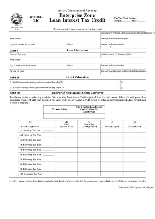 Shedule Lic Form - Enterprise Zone Loan Interest Tax Credit - 2003 Printable pdf