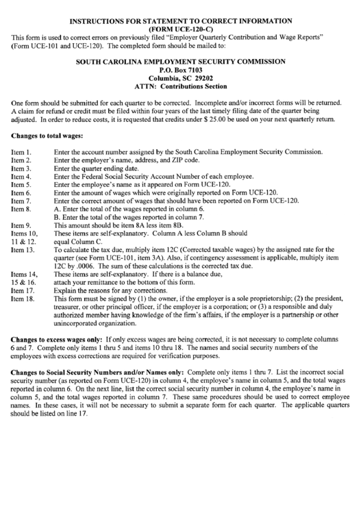 Instructions For Form Uce-120-C - Statement To Correct Information Printable pdf