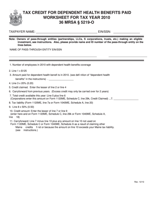 Tax Credit For Dependent Health Benefits Paid Worksheet For Tax Year 2010 Printable pdf