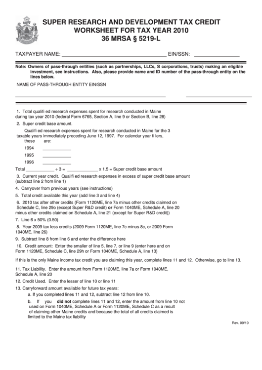 Super Research And Development Tax Credit Worksheet - 2010 Printable pdf