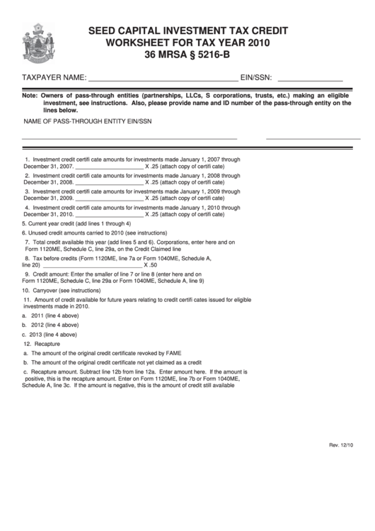 Seed Capital Investment Tax Credit Worksheet For Tax Year 2010 Printable pdf