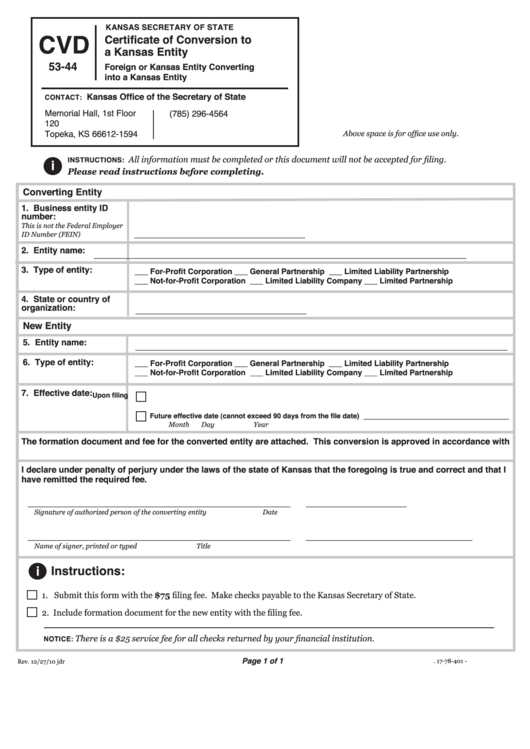 Form Cvd 53-44 - Certificate Of Conversion To A Kansas Entity - Secretary Of State Printable pdf