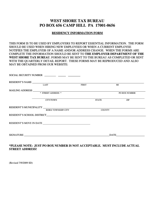 Residency Information Form - 2009 Printable pdf