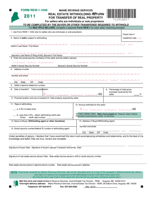 Form Rew-1-1040 - Real Estate Withholding Return For Transfer Of Real Property - 2011 Printable pdf