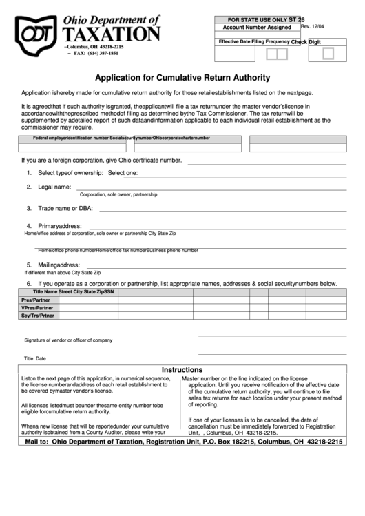 Form St 26 - Application For Cumulative Return Authority Printable pdf