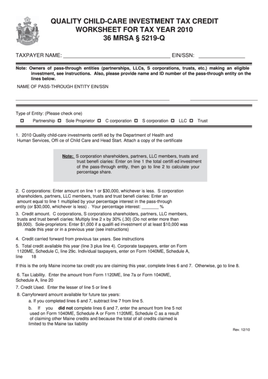 Quality Child-Care Investment Tax Credit Worksheet For Tax Year 2010 Printable pdf