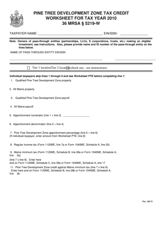 Pine Tree Development Zone Tax Credit Worksheet For Tax Year 2010 - Maine Department Of Revenue Printable pdf