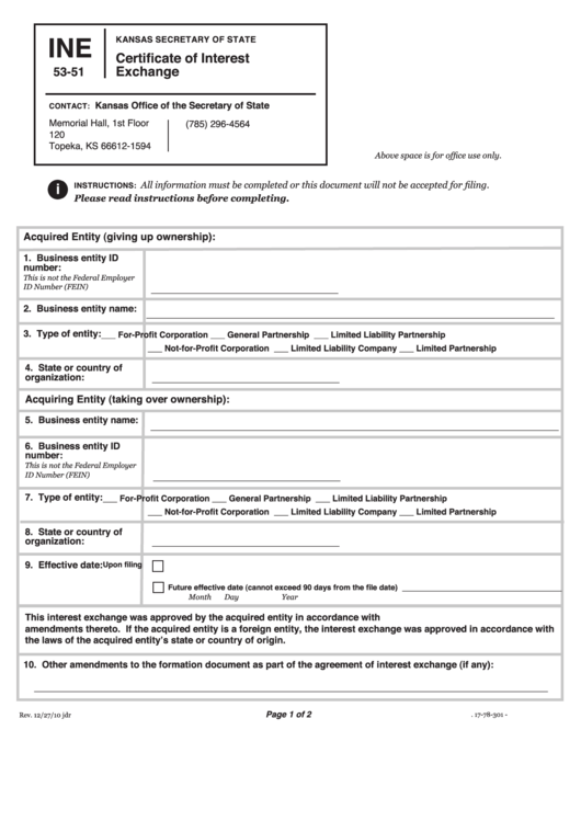 Form Ine 53-51 - Certificate Of Interest Exchange - Secretary Of State Printable pdf
