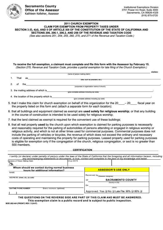 Form Boe-262-Ah - Church Exemption - Claim For Exemption From Property Taxes - 2011 Printable pdf