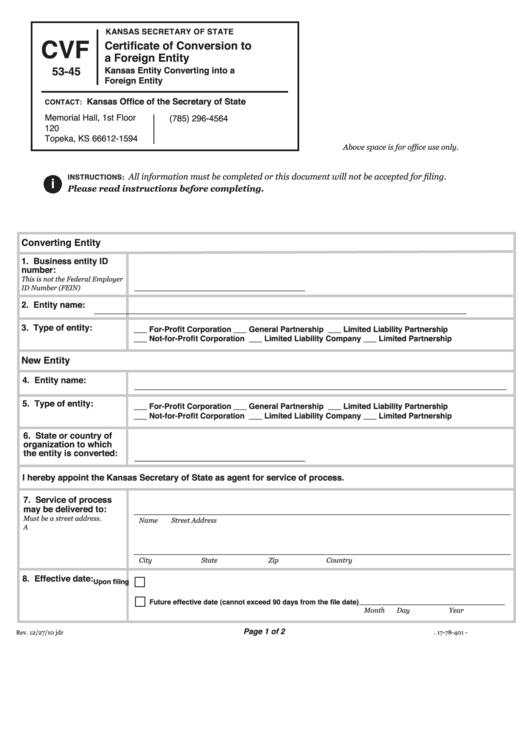 Form Cvf 53-45 - Certificate Of Conversion To A Foreign Entity - Secretary Of State Printable pdf