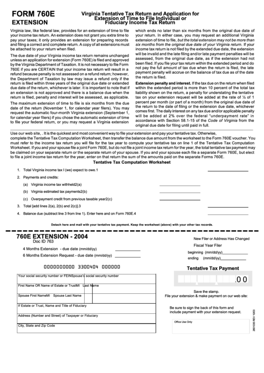 Form 760e - Virginia Tentative Tax Return And Application For Extension Of Time To File Individual Or Fiduciary Income Tax Return Printable pdf