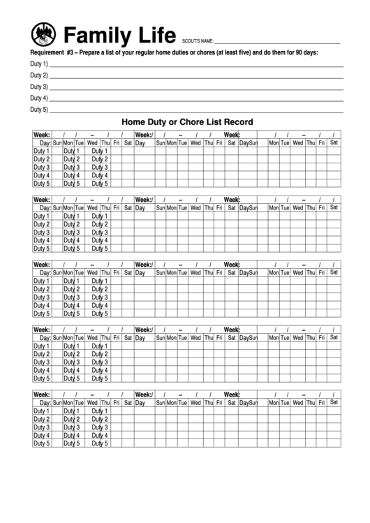 Home Duty Or Chore List Record Form Printable pdf