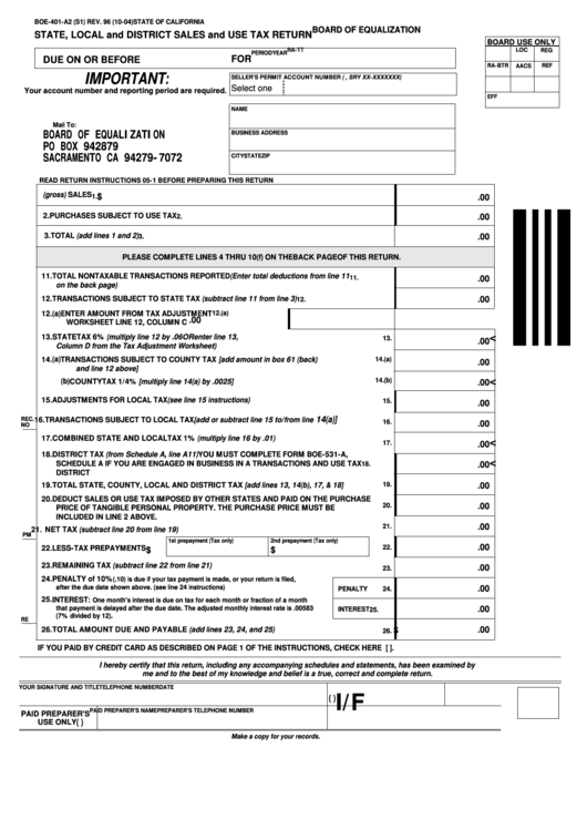Fillable Form Boe-401-A2 (S1) - State, Local And District Sales And Use Tax Return Printable pdf