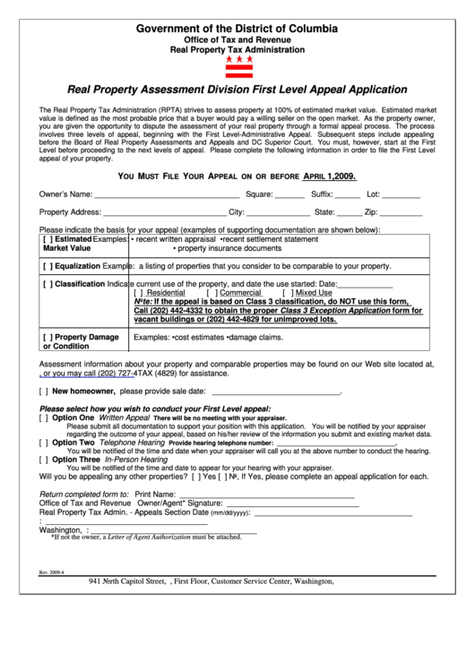 Real Property Assessment Division First Level Appeal Application Form - Government Of The District Of Columbia Printable pdf