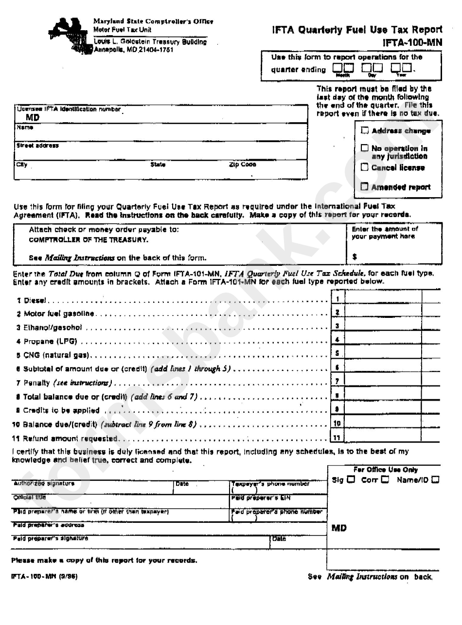 Form Ifta-100-Mn - Ifta Quarterly Fuel Use Tax Report printable pdf ...