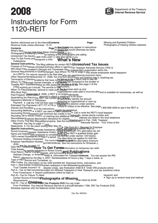 Instructions For Form 1120-Reit - U.s. Income Tax Return For Real Estate Investment Trusts - 2008 Printable pdf
