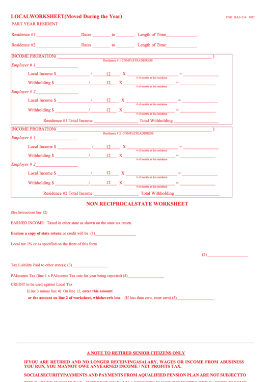 Form F301 - Local/non Reciprocal State Worksheet, Form I302 - Local Earned Income Tax Return Printable pdf