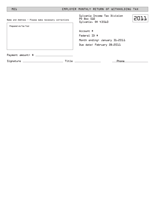 Employer Monthly Return Of Withholding Tax Form - 2011 Printable pdf