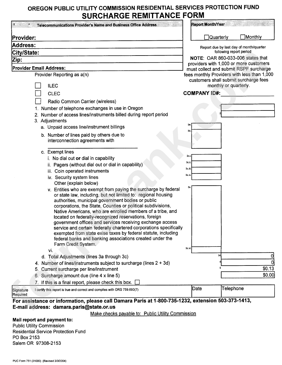 Surcharge Remittance Form - Oregon Public Utility Commission Residential Services Protection Fund