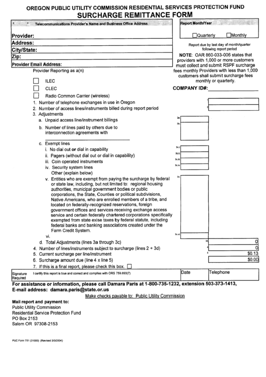 Surcharge Remittance Form - Oregon Public Utility Commission Residential Services Protection Fund Printable pdf