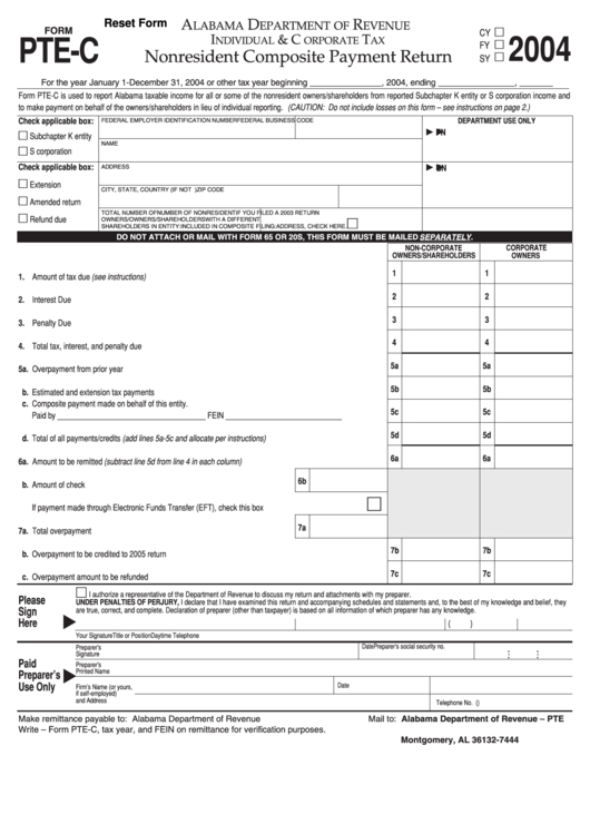 Fillable Form Pte-C - Nonresident Composite Payment Return - 2004 Printable pdf