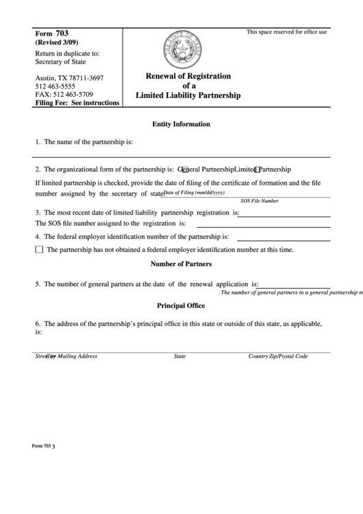 Fillable Form 703 - Renewal Of Registration Of A Limited Liability Partnership Printable pdf