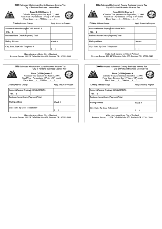 Form Q-2006 - 2006 Estimated Multnomah County Business Income Tax - City Of Portland - Revenue Bureau Printable pdf
