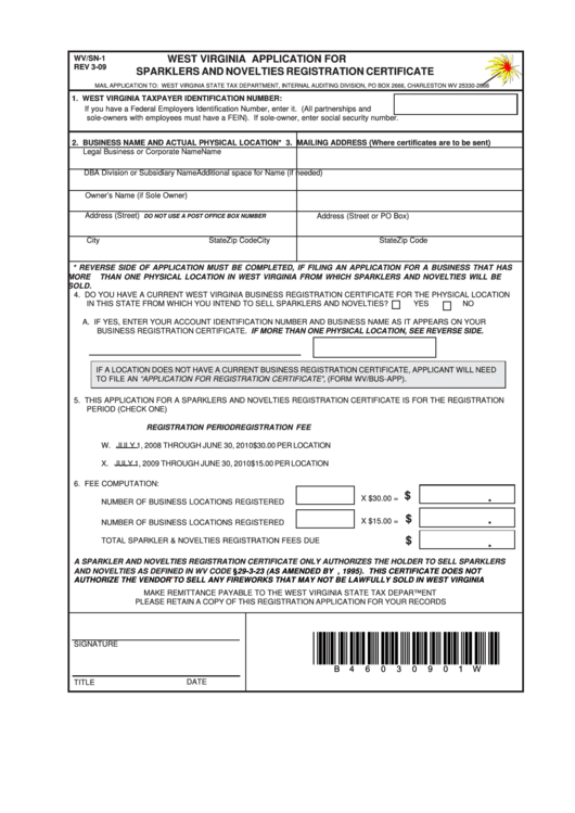Form Wv/sn-1 - West Virginia Application For Sparklers And Novelties Registration Certificate Printable pdf
