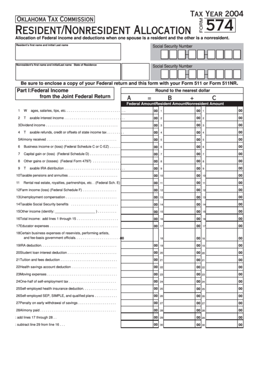 Form 574 - Resident/nonresident Allocation - 2004 Printable pdf