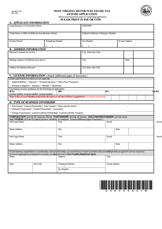Form Wv/mft-App - West Virginia Motor Fuel Excise Tax License Application Printable pdf