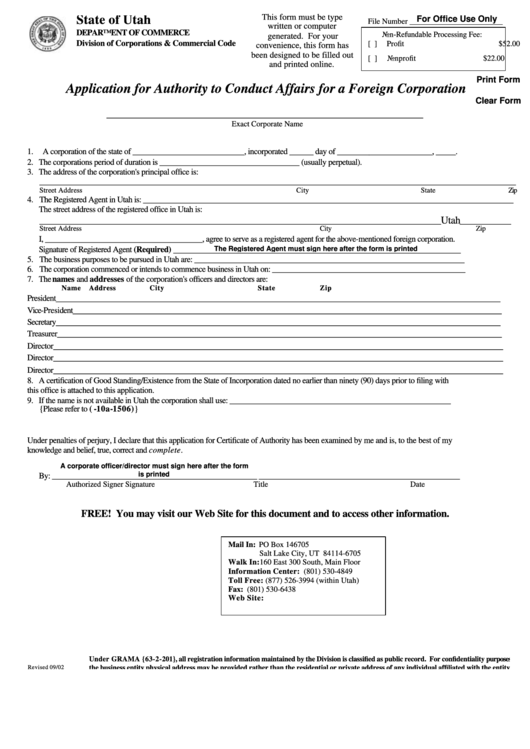 Fillable Application For Authority To Conduct Affairs For A Foreign Corporation Form - Utah Department Of Commerce Printable pdf