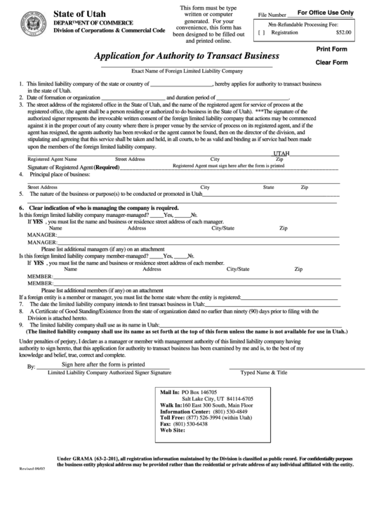 Fillable Application For Authority To Transact Business Form - Utah Department Of Commerce Printable pdf